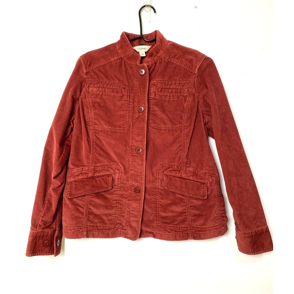 LL Bean Jacket Womens Size S Rust Mock Neck Corduroy Coat Button Casual Pockets